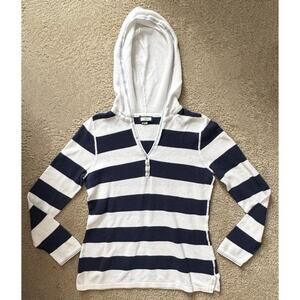IZOD Women’s Medium Hoodie Sweater White Navy Striped Long Sleeve V-Neck